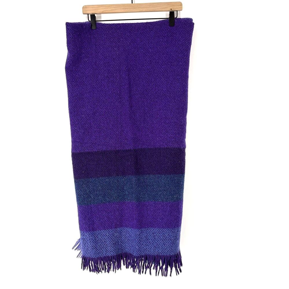 Avoca Handweavers Throw Blanket Ireland Purple Pure Wool Pile Plaid Fringe VTG